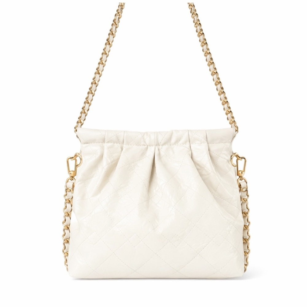 Charles & Keith Cream Quilted Hobo Crossbody Shoulder Bag Gold Chain Pleated - Picture 3 of 7